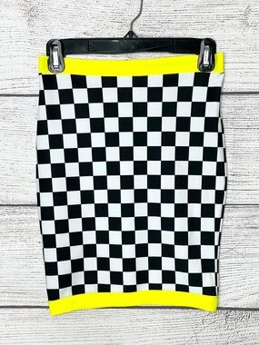Neon Yellow Black & White Checkered Flag Moto Stretch Pencil Skirt Size Small